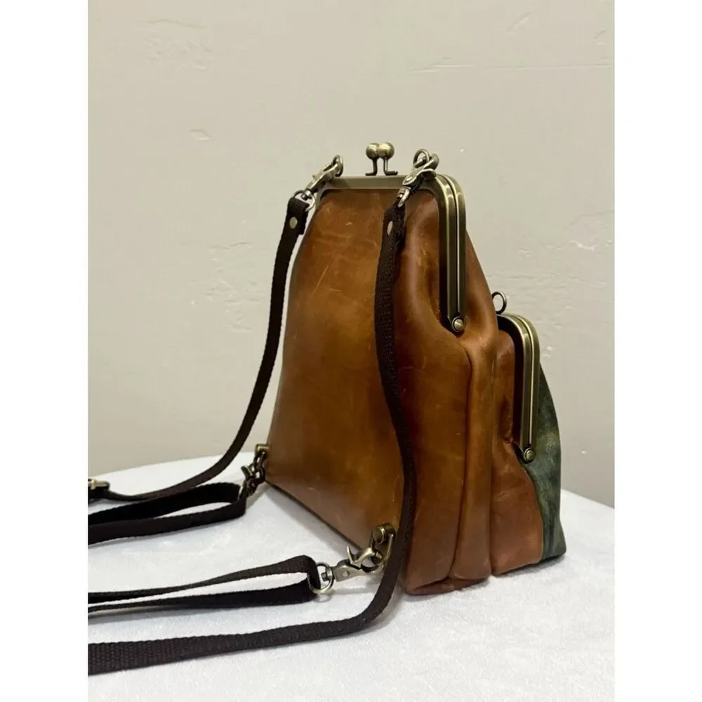 Unique Crazy Horse Cowhide Kisslock Double Frame Bag & Hand-Tooled Textured Deer